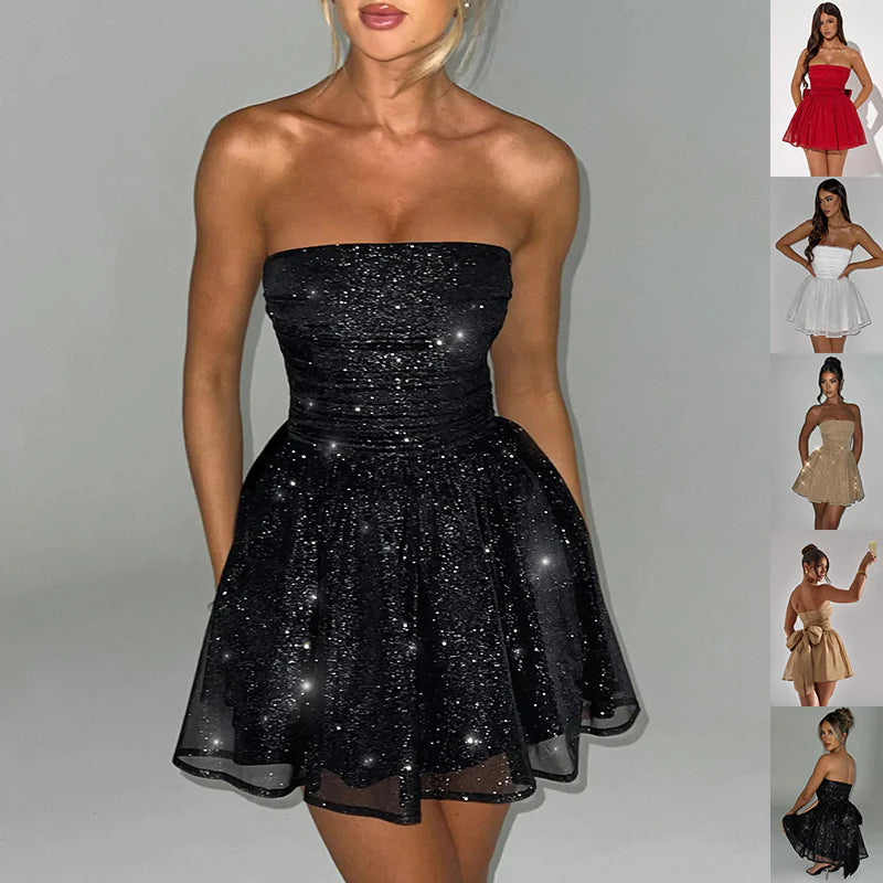 Elegant Mesh Lace Tube Dress with Back Bow Detail